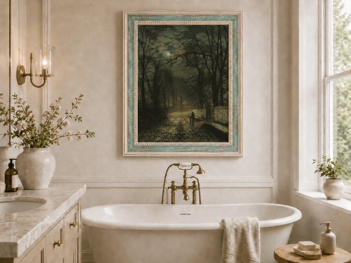 Moonlit forest road with figures landscape oil painting presented as interior home decor.