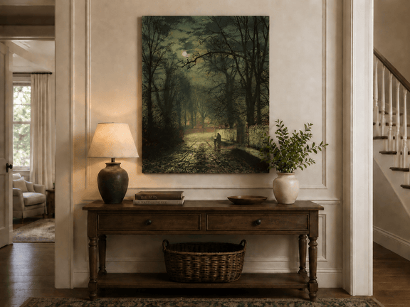 Forest road at night landscape painting shown as decorative oil wall art.