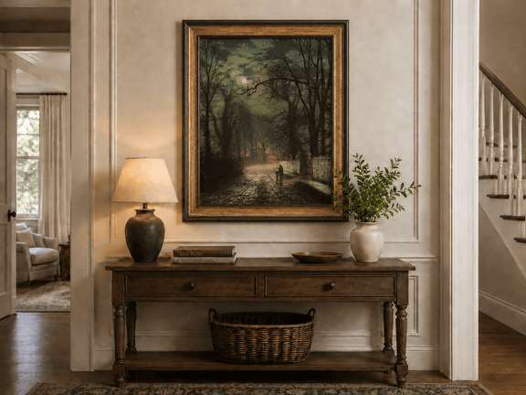Moonlit forest road and figures hand-painted oil artwork shown as home wall decor.