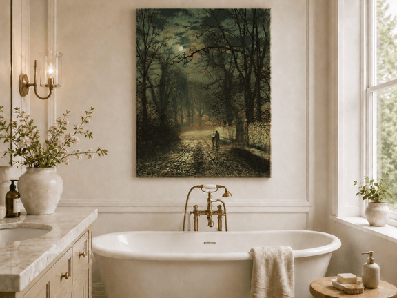Moonlit forest road with figures landscape oil painting presented as styled home decor.