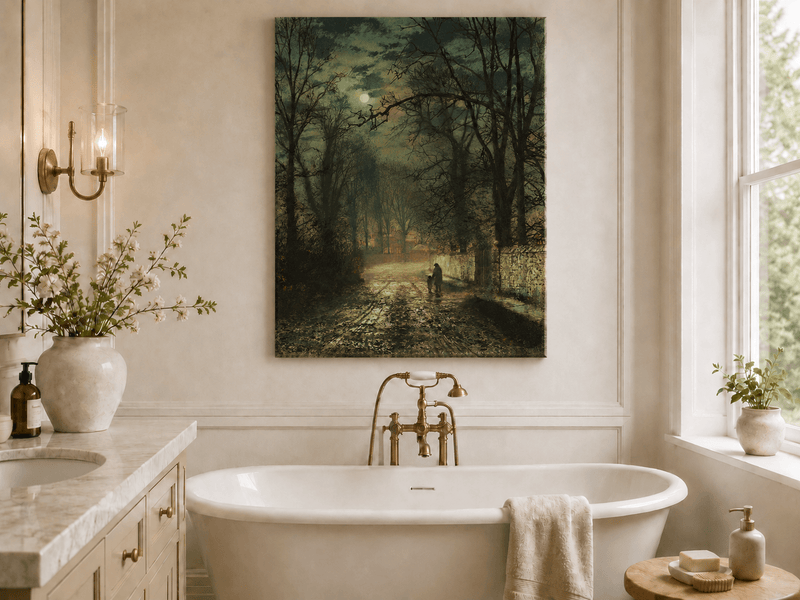 Moonlit forest road with figures landscape oil painting presented as styled home decor.