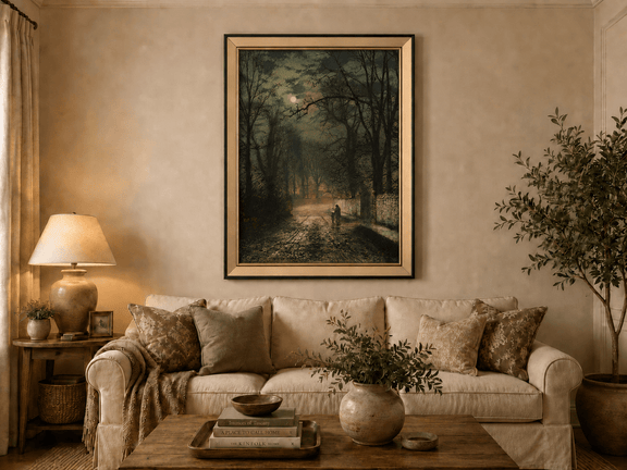 Moonlit forest road with figures landscape oil painting displayed in a styled home interior.