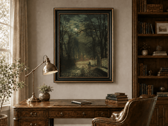 Forest road by moonlight with figures landscape oil painting presented in an interior wall art mockup.