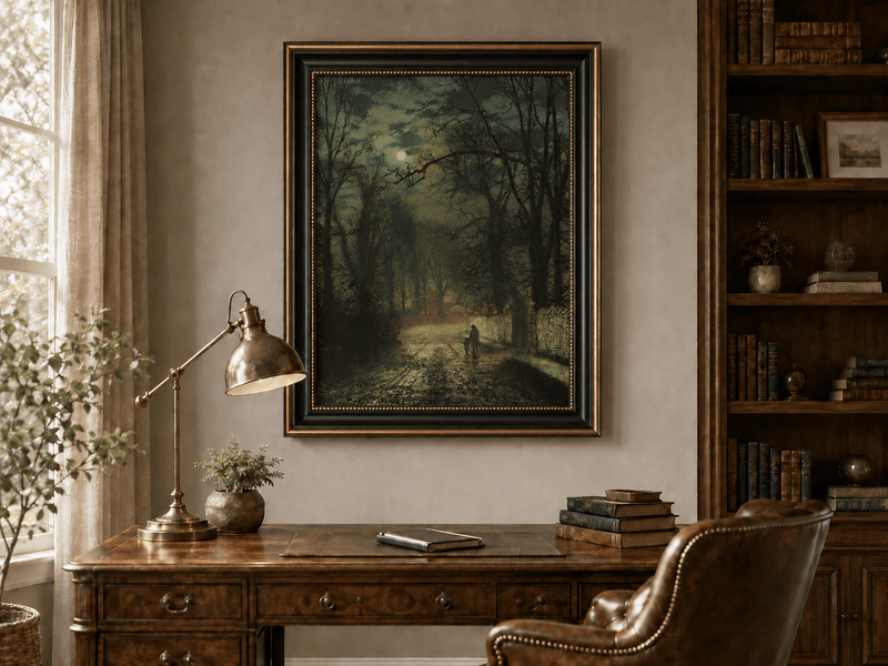 Forest road by moonlight with figures landscape oil painting presented in an interior wall art mockup.