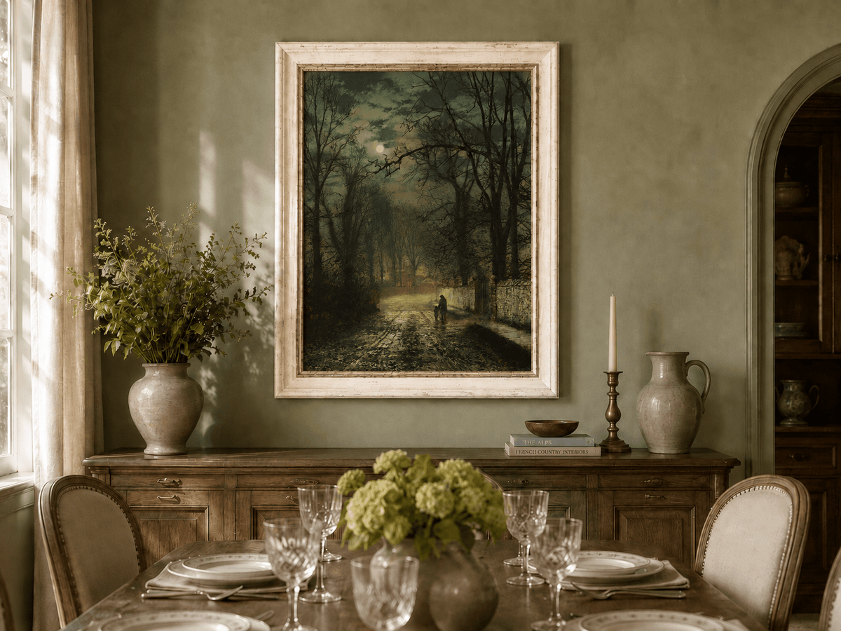 Moonlit forest road oil landscape artwork shown in a styled home interior.