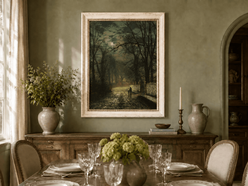 Moonlit forest road oil landscape artwork shown in a styled home interior.