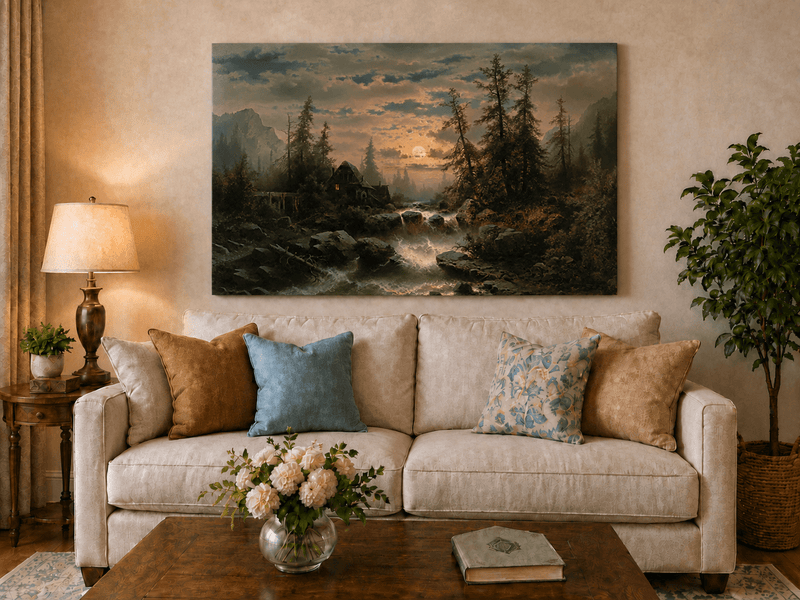Landscape Oil Painting - Moonlit Forest Stream and Cabin at Dusk