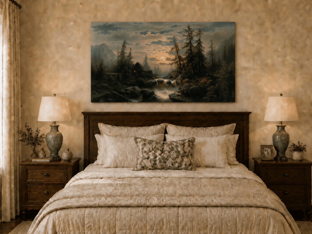 Landscape Oil Painting - Moonlit Forest Stream and Cabin at Dusk