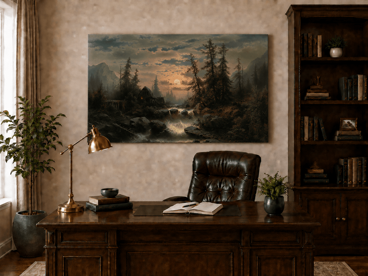 Landscape Oil Painting - Moonlit Forest Stream and Cabin at Dusk