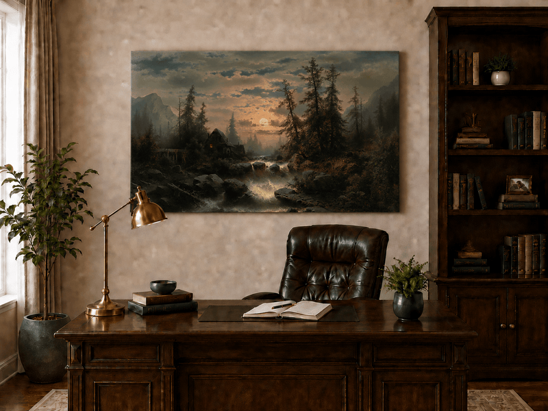 Landscape Oil Painting - Moonlit Forest Stream and Cabin at Dusk