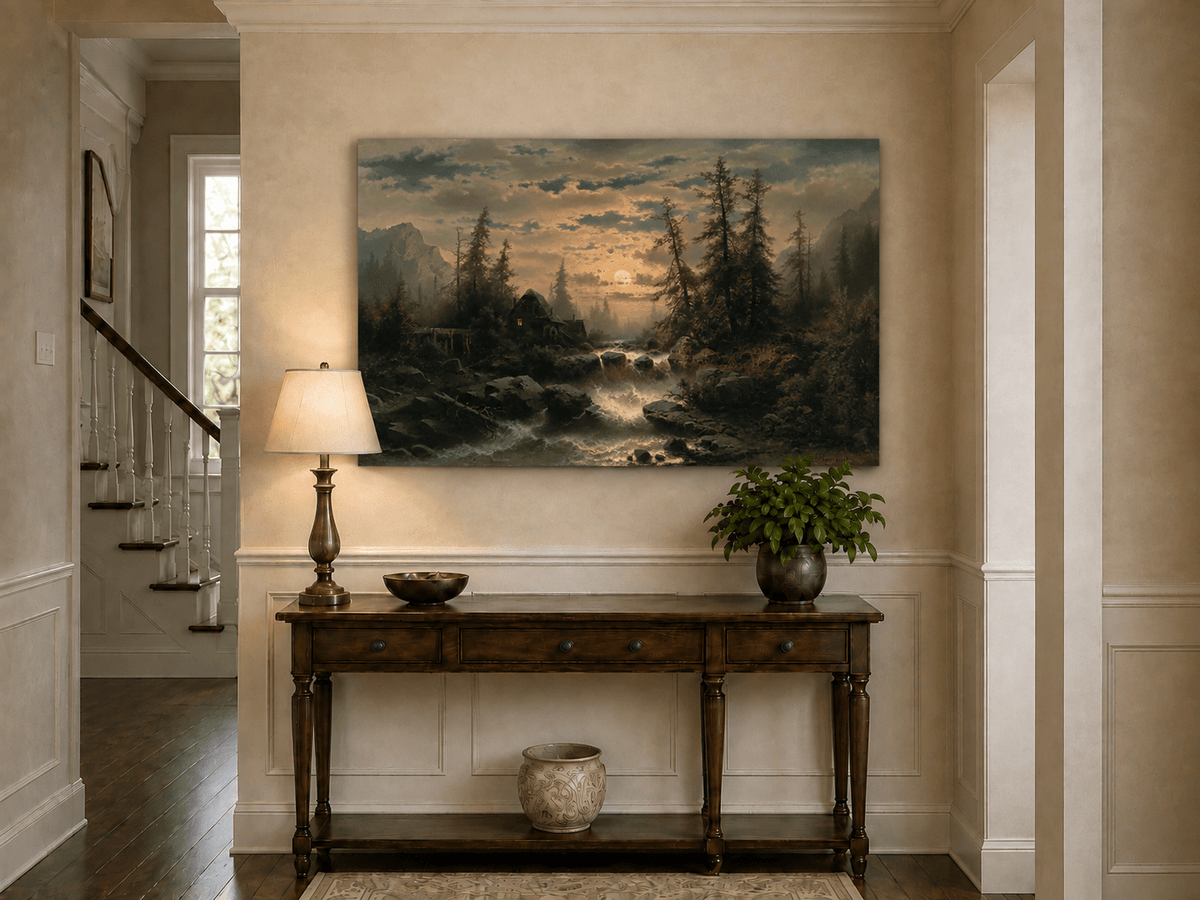 Landscape Oil Painting - Moonlit Forest Stream and Cabin at Dusk