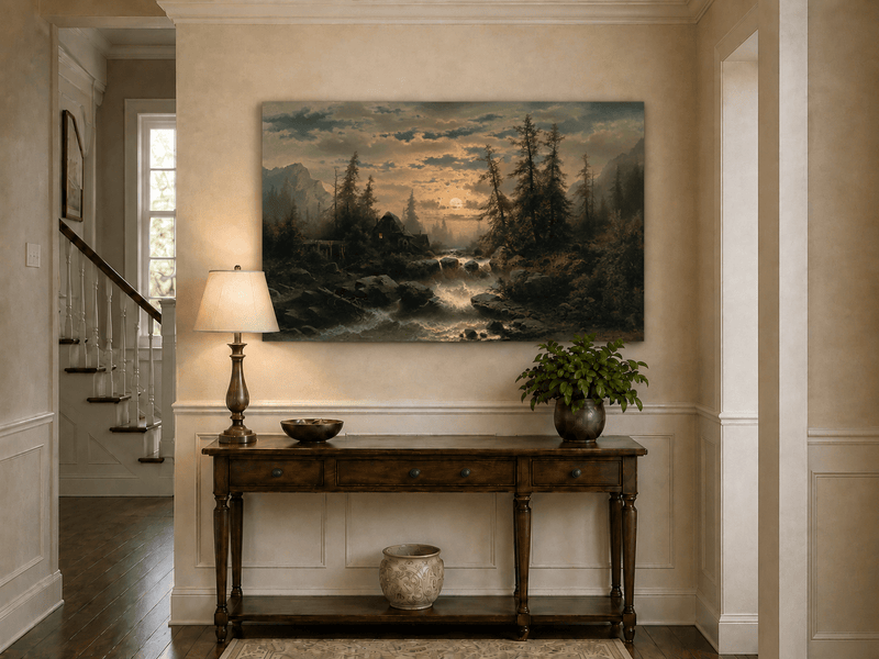 Landscape Oil Painting - Moonlit Forest Stream and Cabin at Dusk