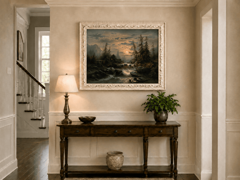 Landscape Oil Painting - Moonlit Forest Stream and Cabin at Dusk