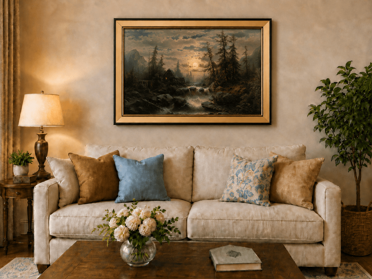 Landscape Oil Painting - Moonlit Forest Stream and Cabin at Dusk