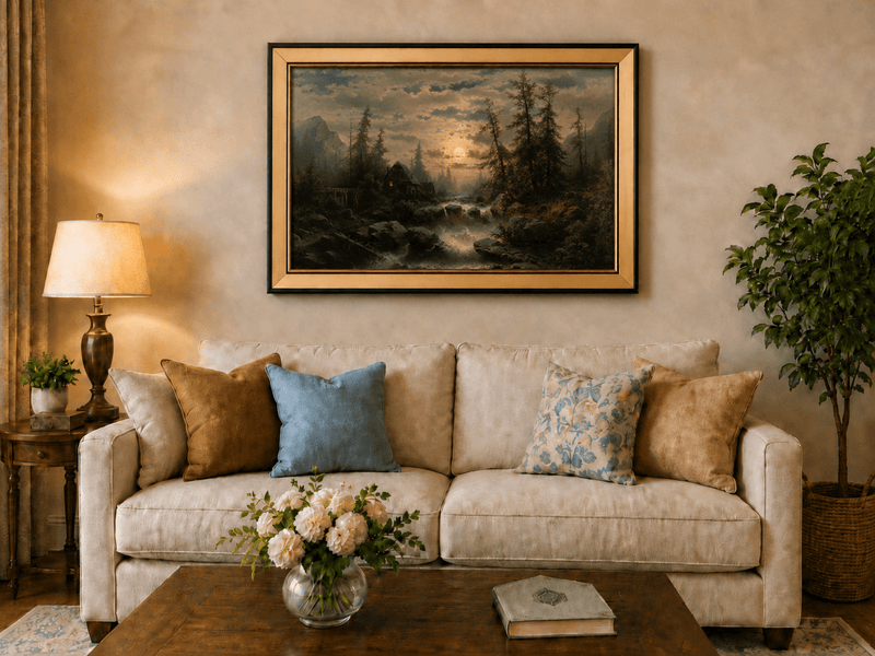 Landscape Oil Painting - Moonlit Forest Stream and Cabin at Dusk
