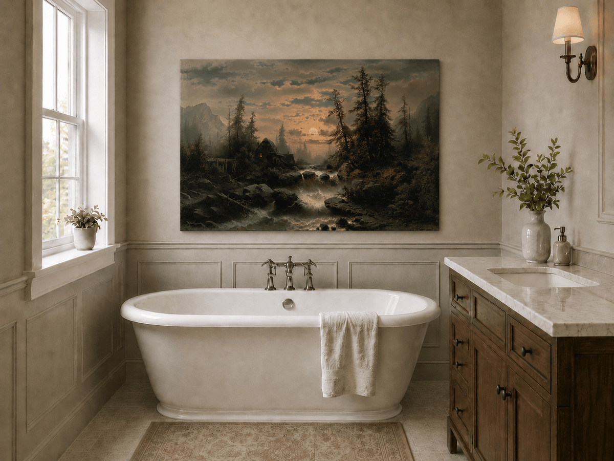 Landscape Oil Painting - Moonlit Forest Stream and Cabin at Dusk