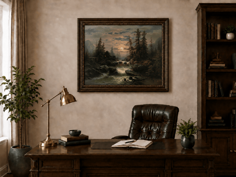 Landscape Oil Painting - Moonlit Forest Stream and Cabin at Dusk