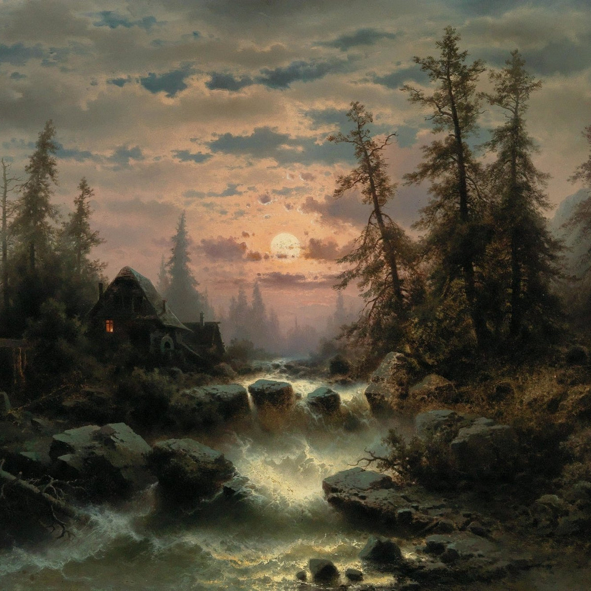 Hand-painted moonlit forest stream and cabin at dusk landscape oil painting on canvas