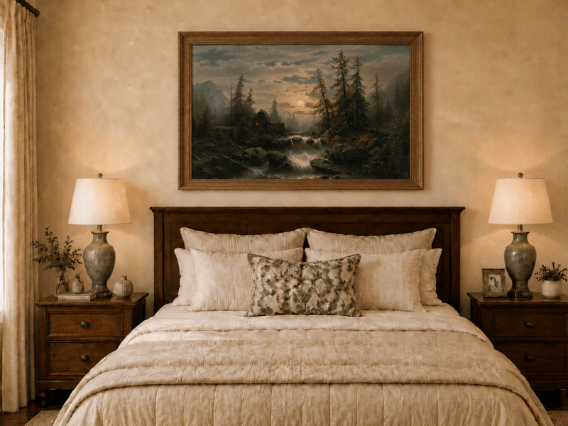 Landscape Oil Painting - Moonlit Forest Stream and Cabin at Dusk