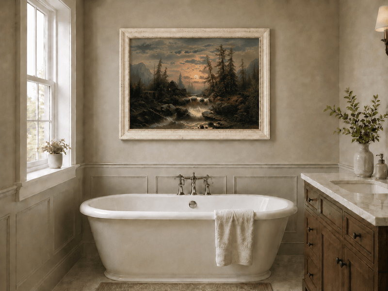 Landscape Oil Painting - Moonlit Forest Stream and Cabin at Dusk