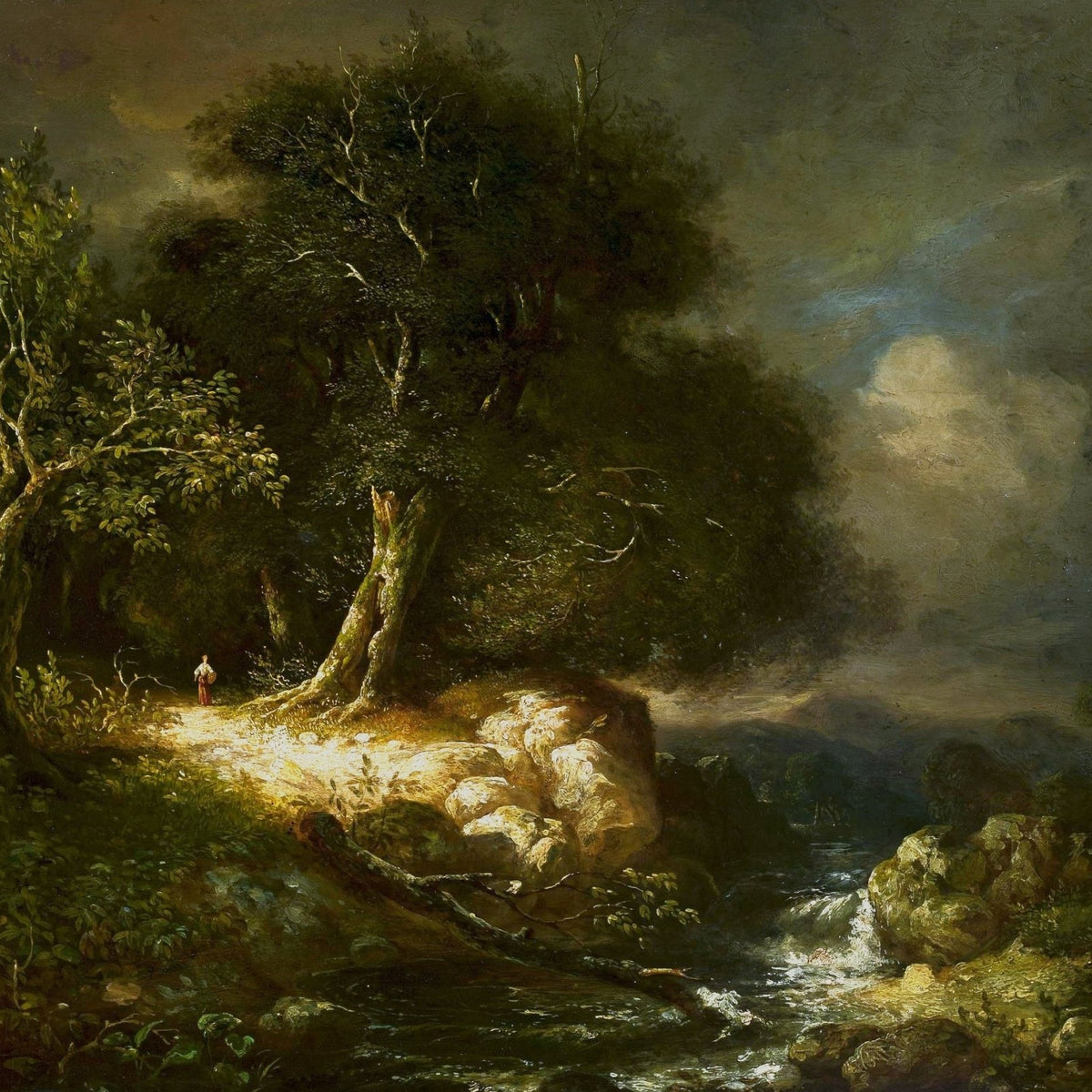 Hand-painted moonlit forest stream with figure landscape oil painting on canvas