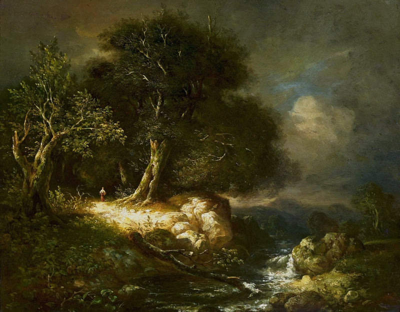 Hand-painted moonlit forest stream with figure landscape oil painting on canvas