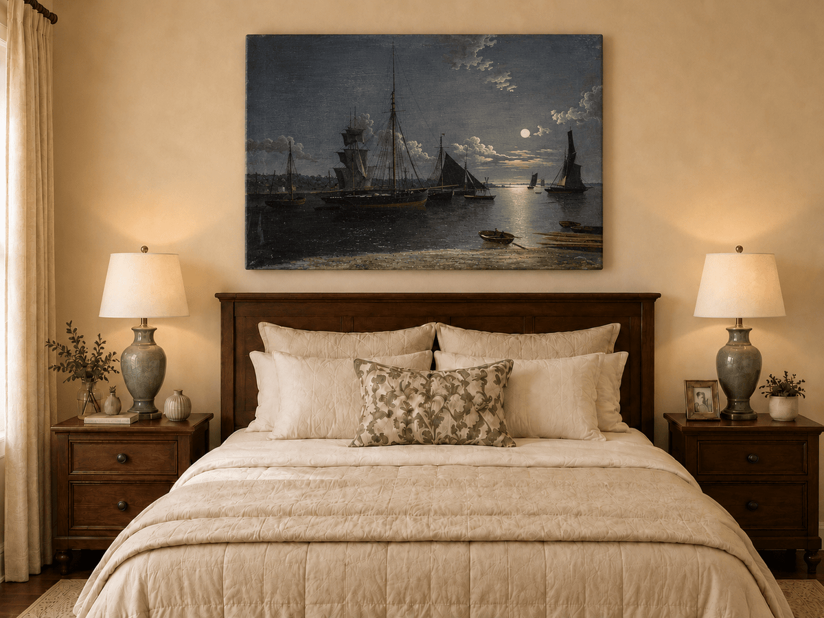 Ölgemälde Landschaft - Mondscheinhafen Segelschiffe bei Nacht