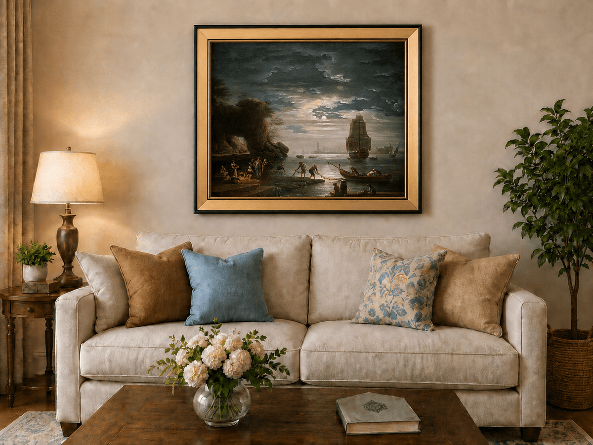 Peinture à l'huile de paysage - Rivière printanière avec pêcheur et arbres