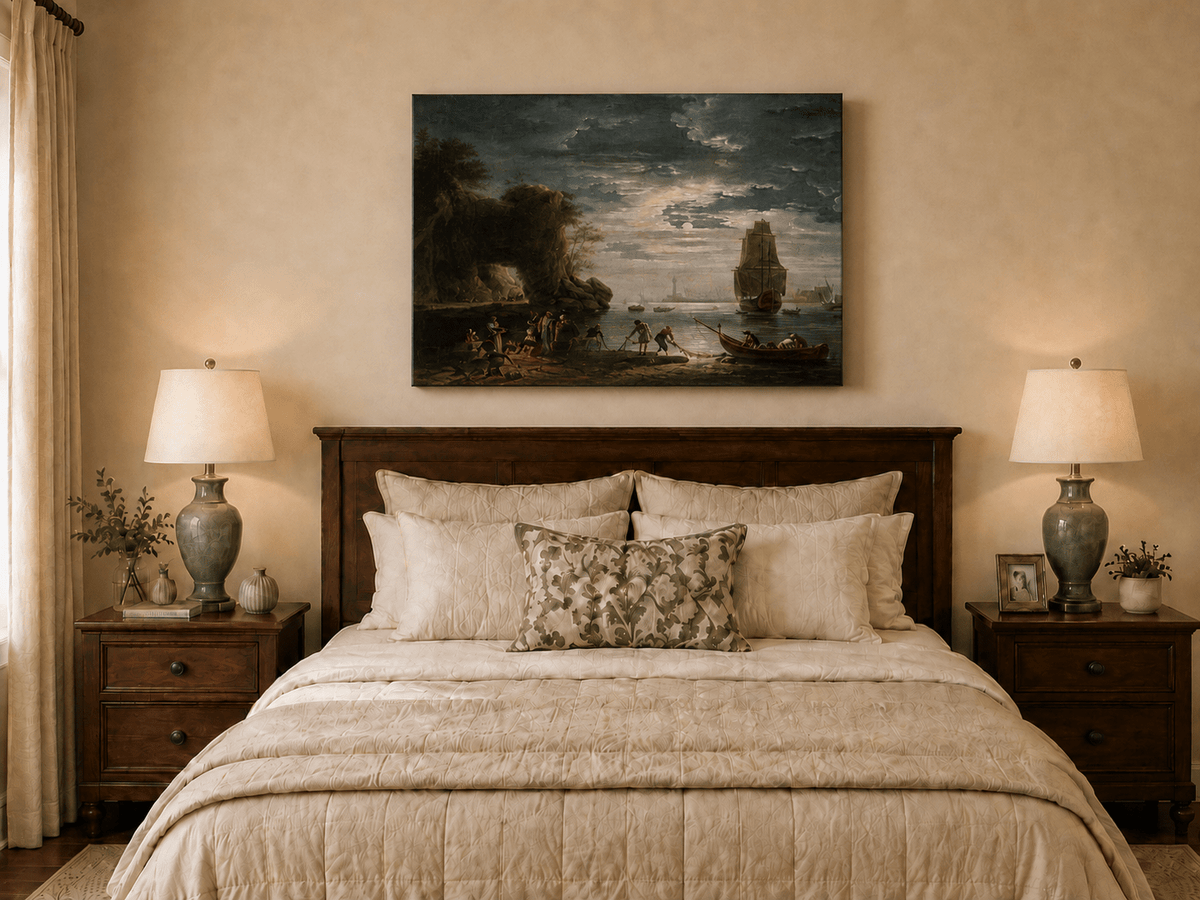 Peinture à l'huile de paysage - Rivière printanière avec pêcheur et arbres