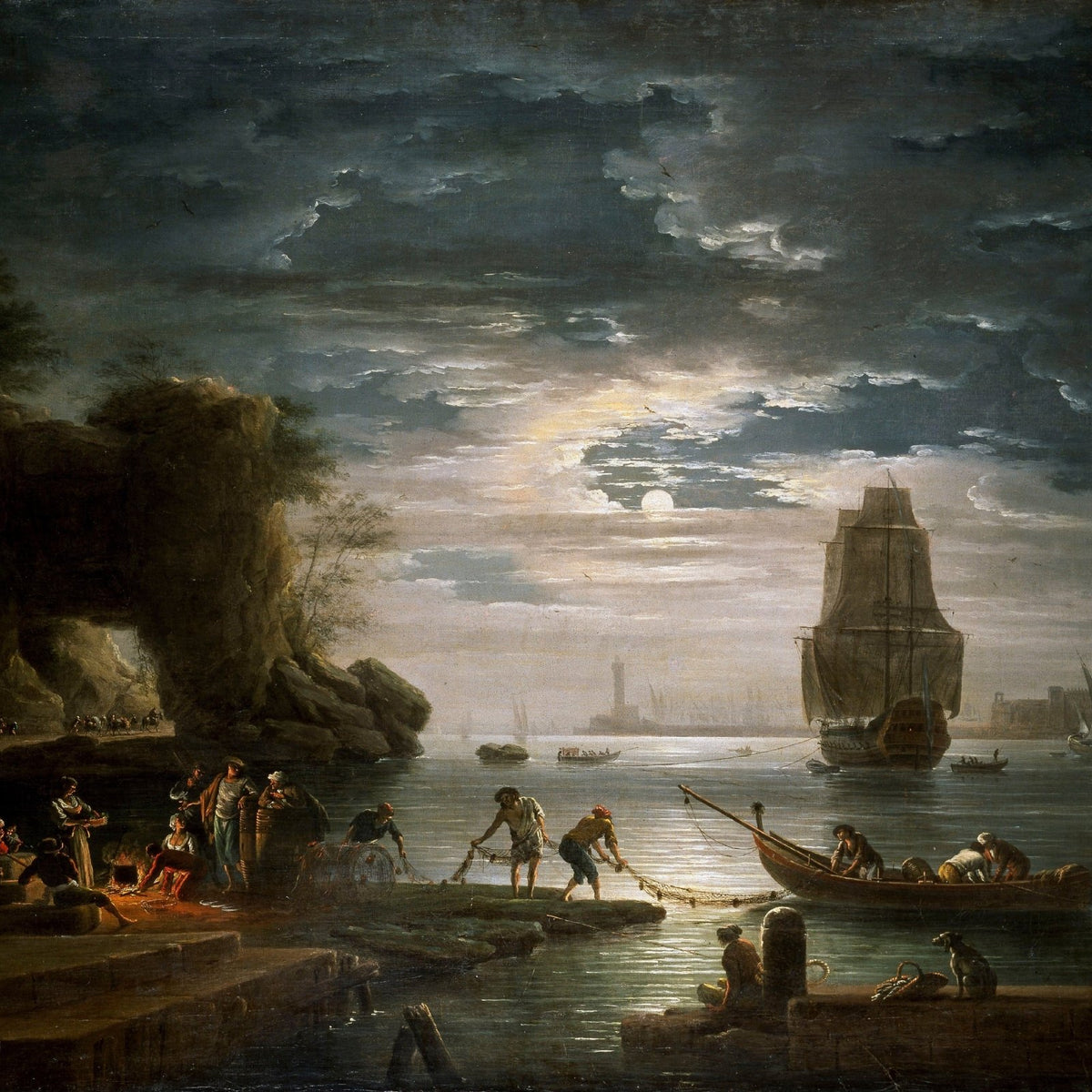 Hand-painted moonlit harbor, ships, and fishermen landscape oil painting on canvas