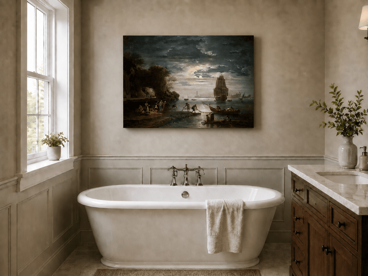 Peinture à l'huile de paysage - Rivière printanière avec pêcheur et arbres