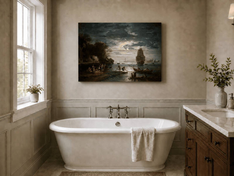 Peinture à l'huile de paysage - Rivière printanière avec pêcheur et arbres