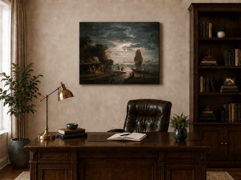Peinture à l'huile de paysage - Rivière printanière avec pêcheur et arbres