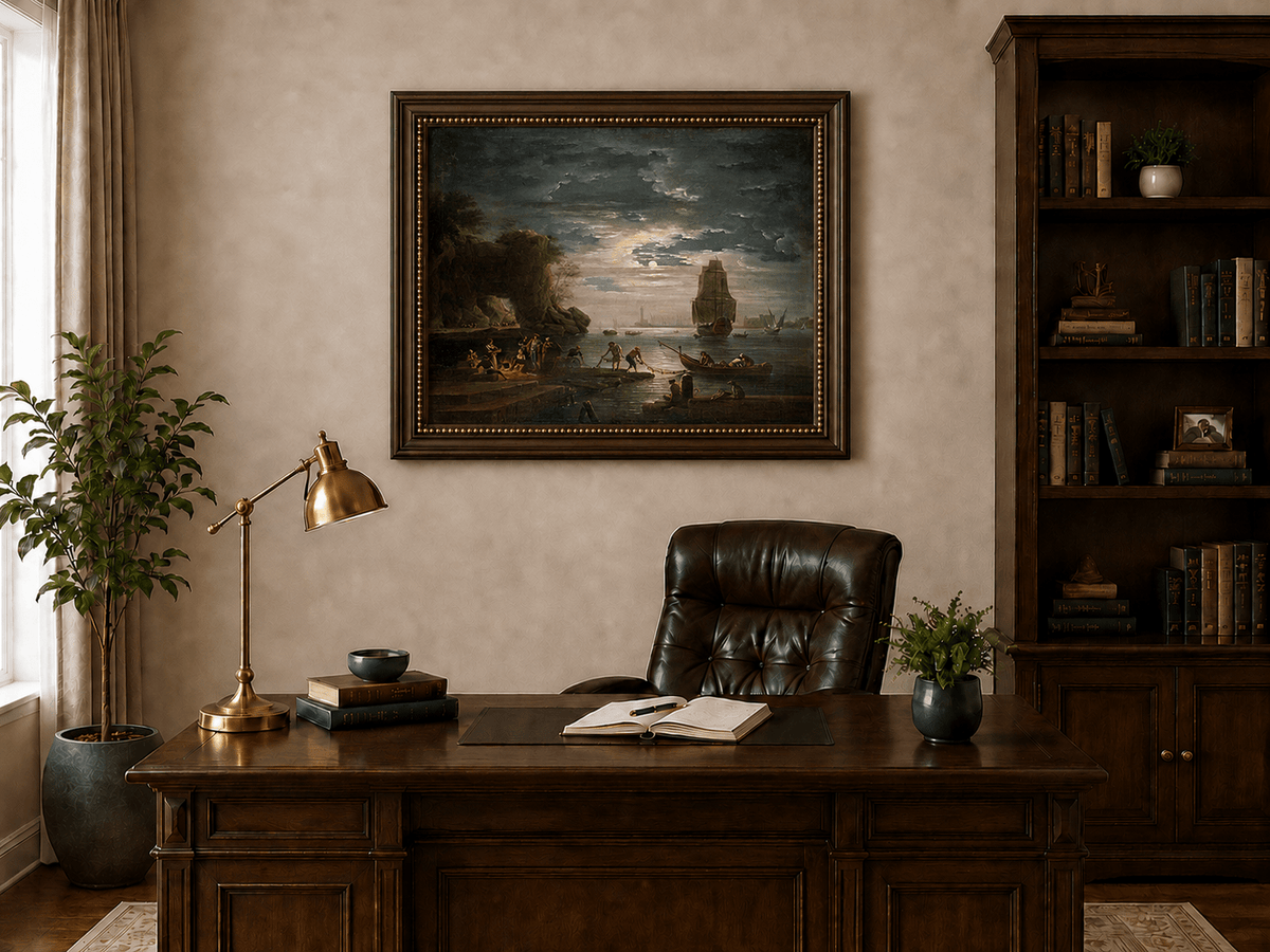Peinture à l'huile de paysage - Rivière printanière avec pêcheur et arbres