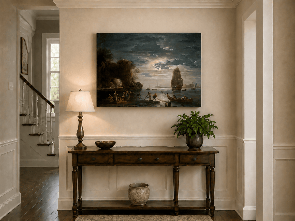 Peinture à l'huile de paysage - Rivière printanière avec pêcheur et arbres