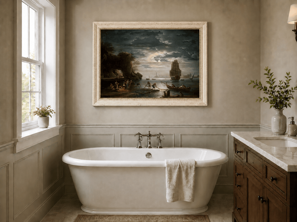 Peinture à l'huile de paysage - Rivière printanière avec pêcheur et arbres