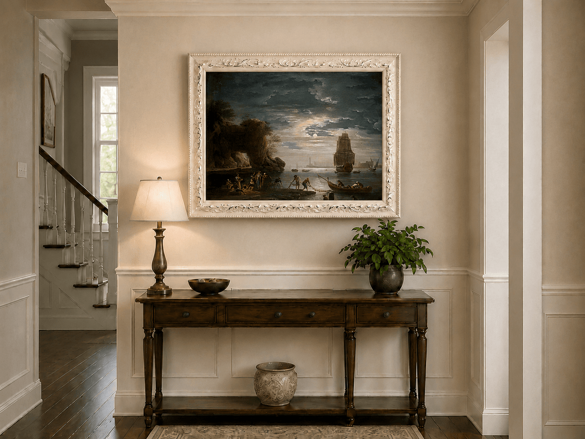 Peinture à l'huile de paysage - Rivière printanière avec pêcheur et arbres