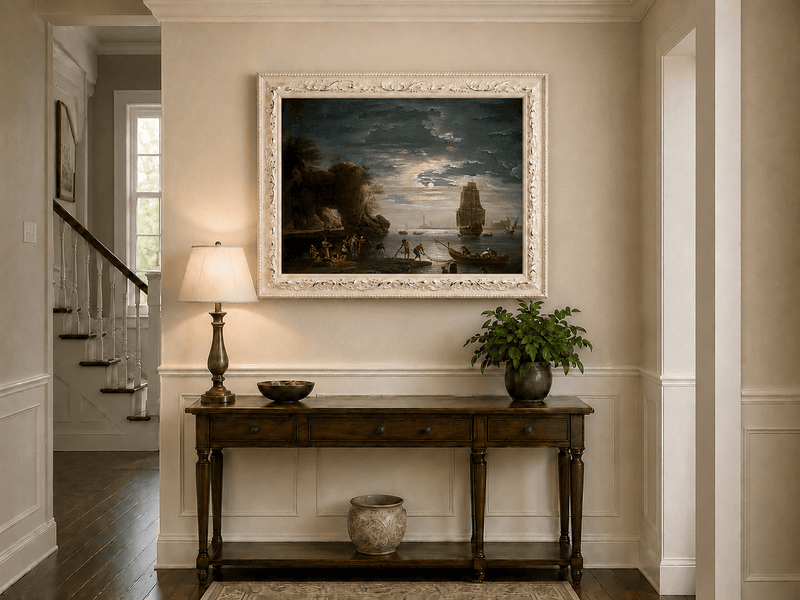Peinture à l'huile de paysage - Rivière printanière avec pêcheur et arbres