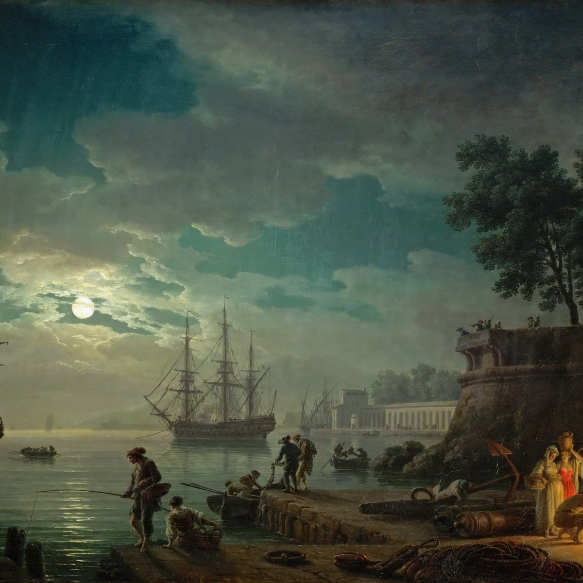 Hand-painted moonlit harbor with tall ships and pier landscape oil painting on canvas