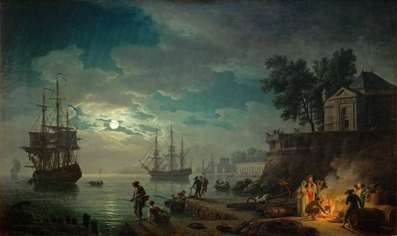 Hand-painted moonlit harbor with tall ships and pier landscape oil painting on canvas