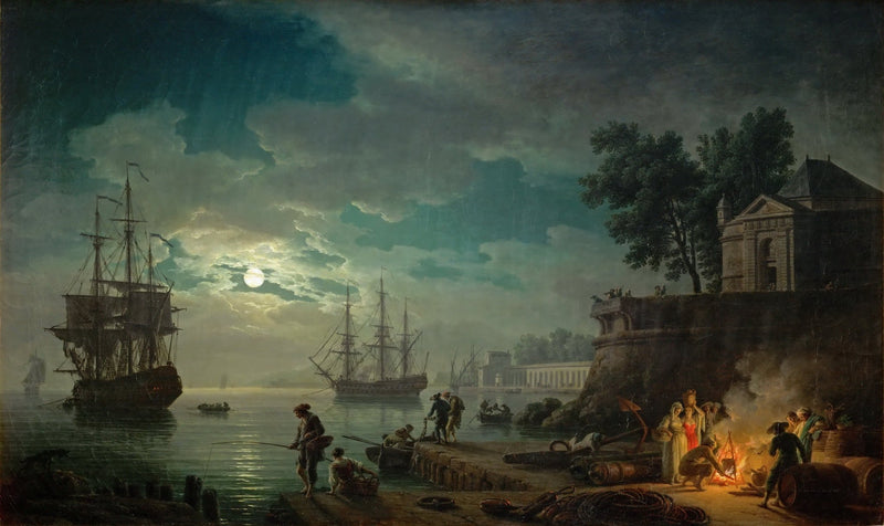 Hand-painted moonlit harbor with tall ships and pier landscape oil painting on canvas