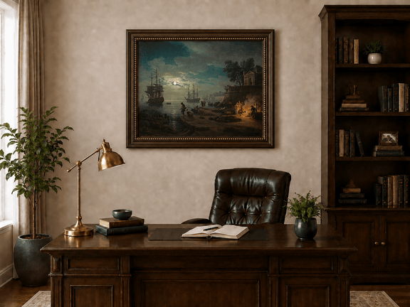 Tall ships in a moonlit harbor landscape oil painting presented in an interior wall art mockup.