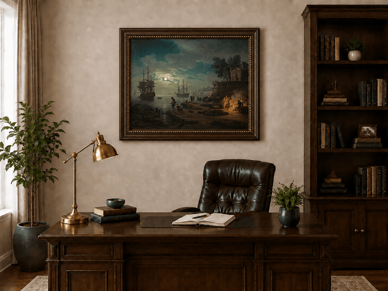 Tall ships in a moonlit harbor landscape oil painting presented in an interior wall art mockup.