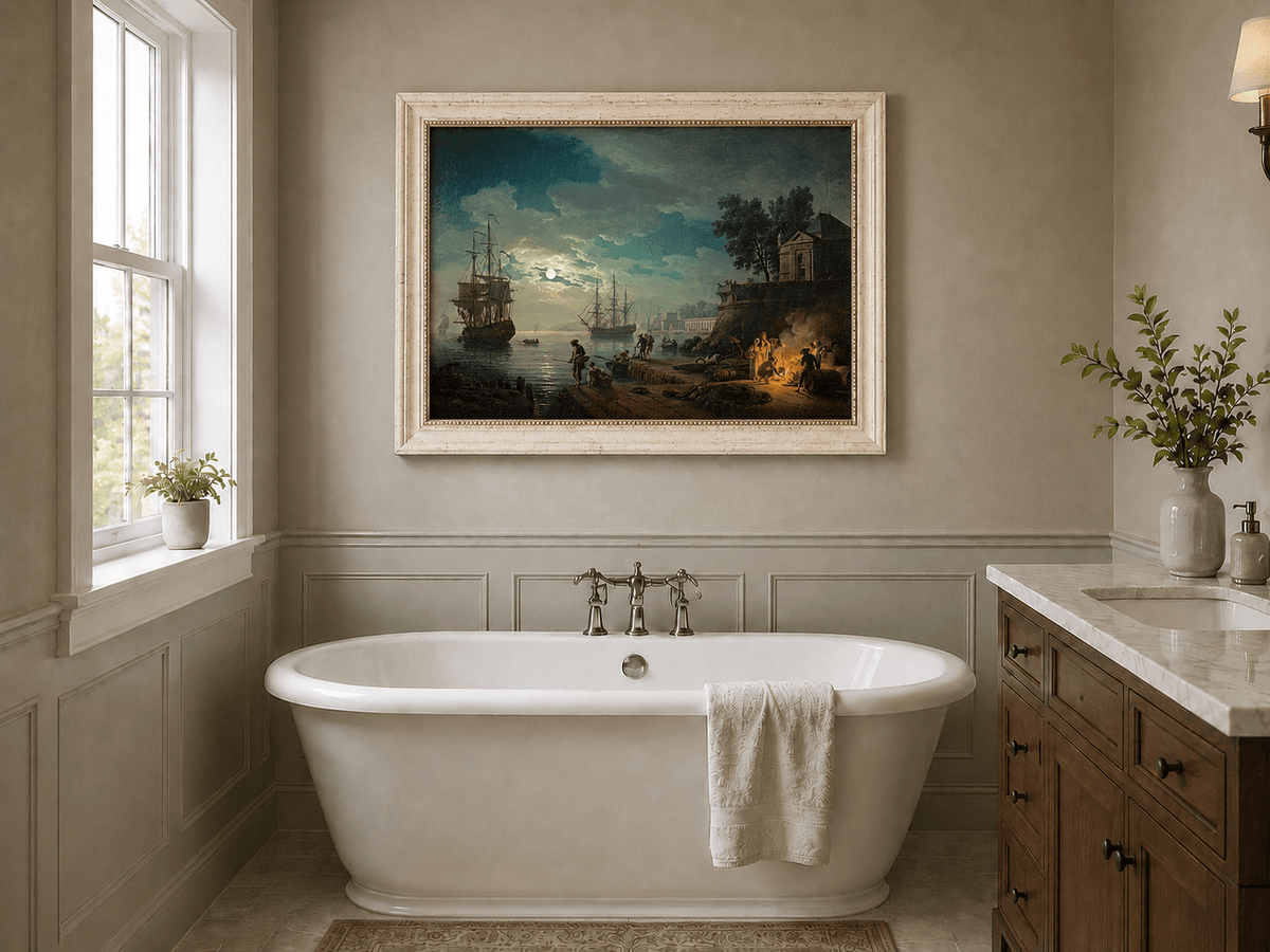 Moonlit harbor with tall ships landscape oil painting presented as interior home decor.