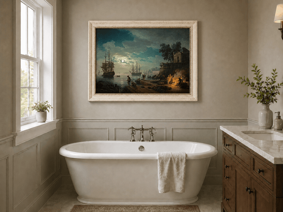 Moonlit harbor with tall ships landscape oil painting presented as interior home decor.