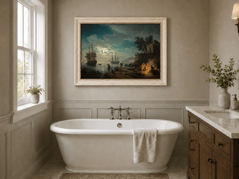 Moonlit harbor with tall ships landscape oil painting presented as interior home decor.