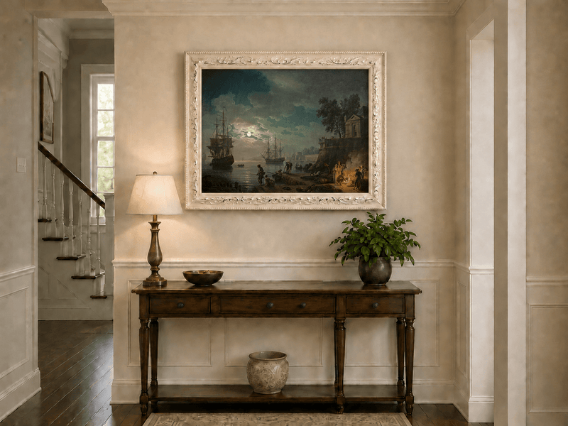 Moonlit harbor, tall ships and pier hand-painted oil artwork shown as home wall decor.