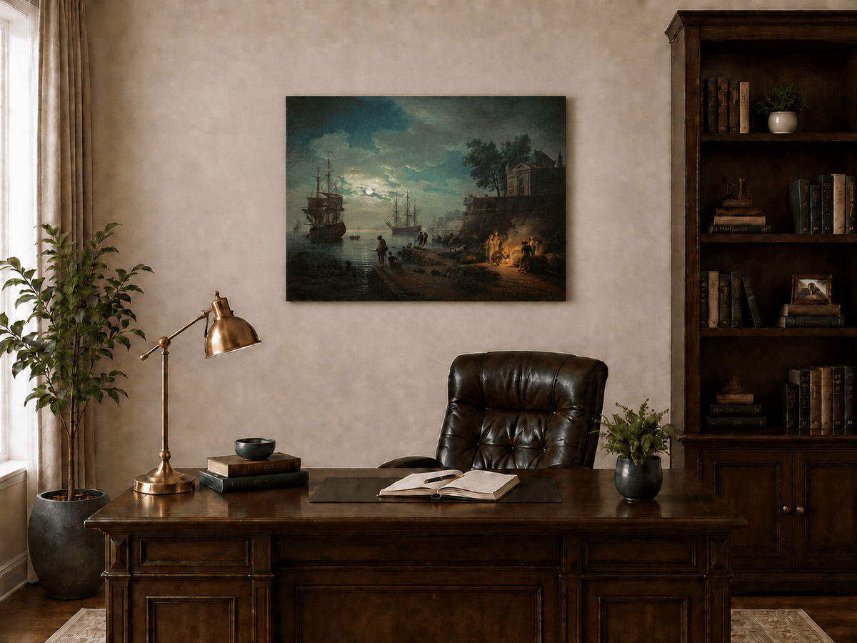 Interior wall art view featuring a moonlit harbor with tall ships and pier oil painting.