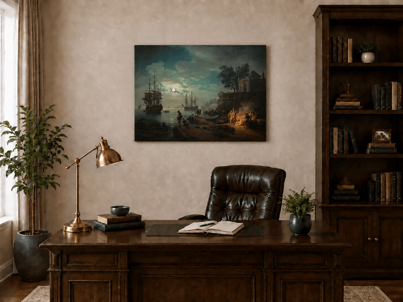 Interior wall art view featuring a moonlit harbor with tall ships and pier oil painting.