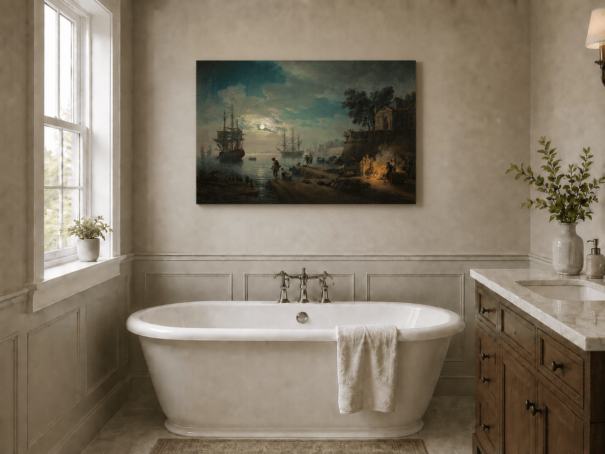 Moonlit harbor with tall ships and pier landscape oil painting presented as styled home decor.